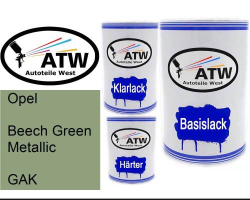 Opel, Beech Green Metallic, GAK: 500ml Lackdose + 500ml Klarlack + 250ml Härter - Set, von ATW Autoteile West.